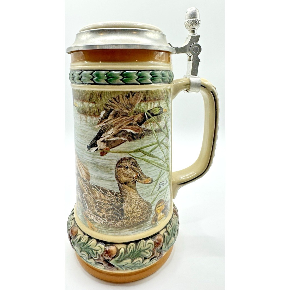 Gerz Duck Beer Stein Pewter Lid German Hunting Wildlife Mallard Duck Stein